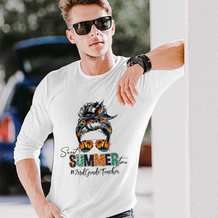 Sweet Summer Time 2Nd Grade Teacher Messy Bun Beach Vibes Long Sleeve T-Shirt T-Shirt Gifts for Him