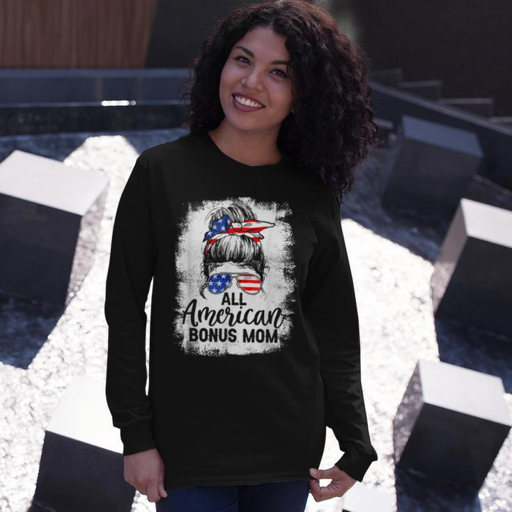 All American Bonus Mom 4Th Of July Messy Bun Proud Merica Long Sleeve T-Shirt Gifts for Her