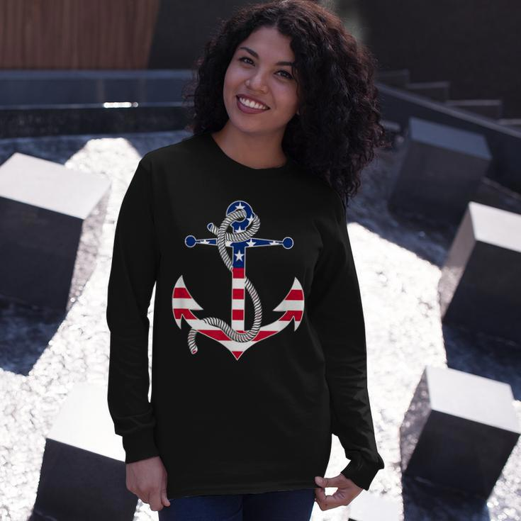 American Flag Patriotic Anchor Memorial Day 4Th Of July Long Sleeve T-Shirt Gifts for Her