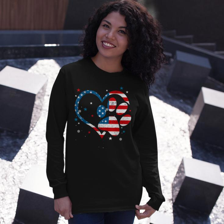 American Flag Patriotic Dog & Cat Paw Print 4Th Of July Long Sleeve T-Shirt Gifts for Her