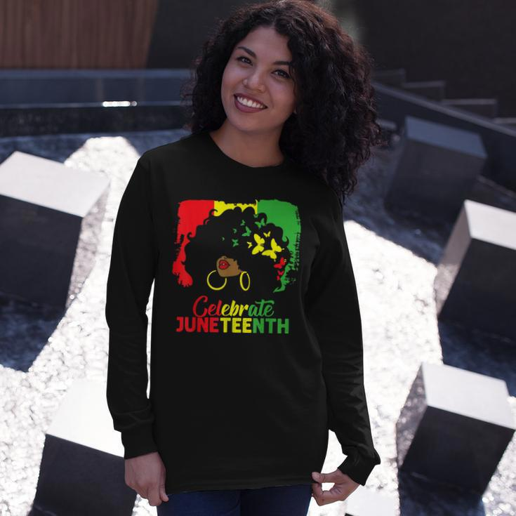 Black Messy Bun Juneteenth Celebrate Indepedence Day Long Sleeve T-Shirt Gifts for Her