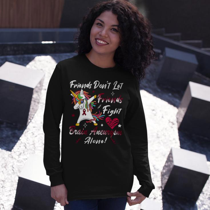 Friends Dont Let Friends Fight Brain Aneurysm Alone Unicorn Burgundy Ribbon Brain Aneurysm Bpd Brain Aneurysm V2 Unisex Long Sleeve Gifts for Her