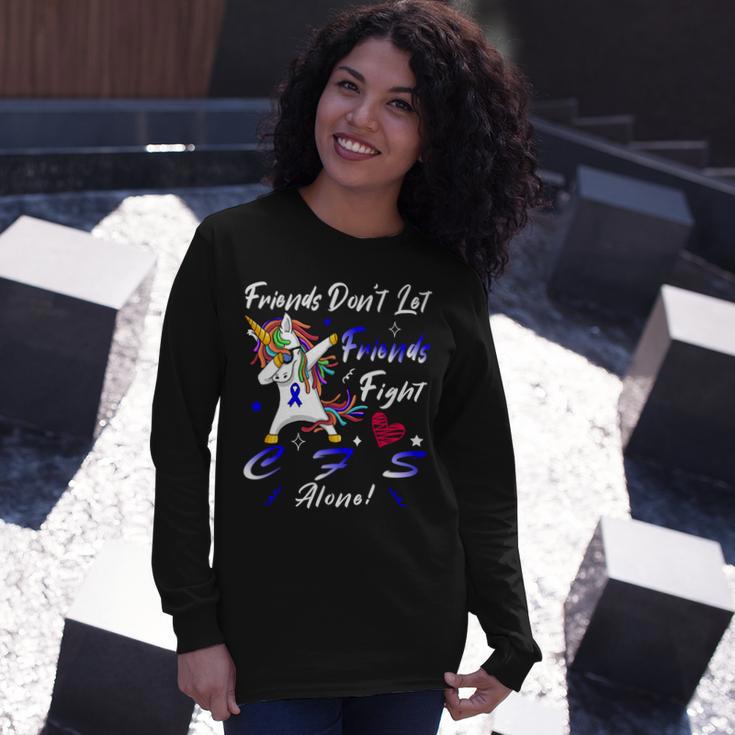 Friends Dont Let Friends Fight Chronic Fatigue Syndrome Cfs Alone Unicorn Blue Ribbon Chronic Fatigue Syndrome Support Cfs Awareness V2 Unisex Long Sleeve Gifts for Her