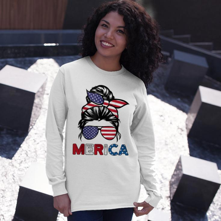 4Th Of July Merica Sunglasses Classy Mom Life Messy Bun Long Sleeve T-Shirt Gifts for Her