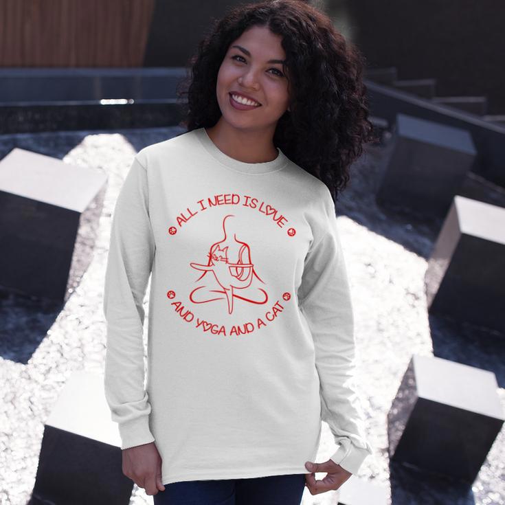 All I Need Is Love And Yoga And A Cat Lovers Gift For Yoga Lovers Red Unisex Long Sleeve Gifts for Her