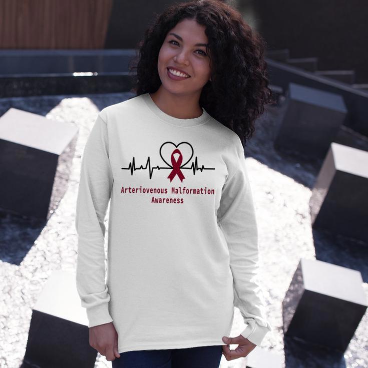 Arteriovenous Malformation Awareness Heartbeat Burgundy Ribbon Arteriovenous Malformation Support Arteriovenous Malformation Awareness Unisex Long Sleeve Gifts for Her