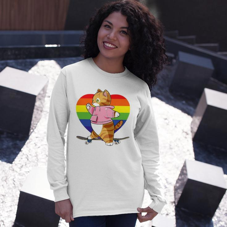 Cute Orange Tabby Cat Skateboarder Rainbow Heart Skater Long Sleeve T-Shirt T-Shirt Gifts for Her