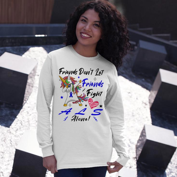 Friends Dont Let Friends Fight Als Alone Unicorn Blue Ribbon Amyotrophic Lateral Sclerosis Support Als Awareness Unisex Long Sleeve Gifts for Her