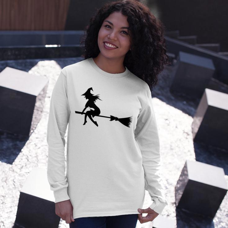 Halloween Young Scary Witch On Broom Pattern Unisex Long Sleeve Gifts for Her