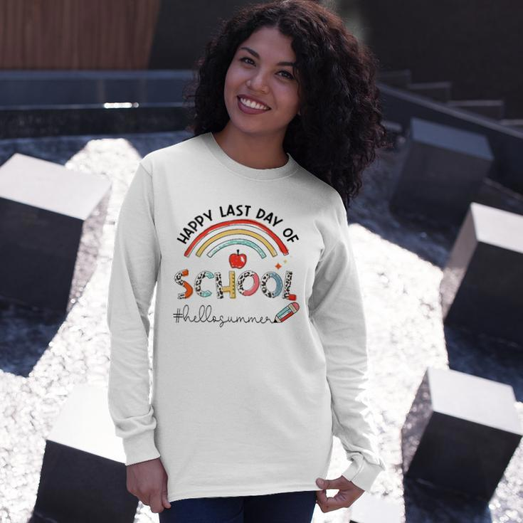 Happy Last Day Of School Leopard Rainbow Hello Summer Long Sleeve T-Shirt T-Shirt Gifts for Her