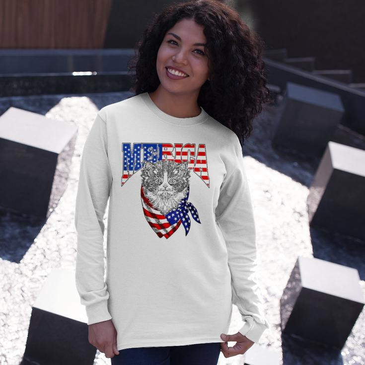 Merica Cat Happy 4Th Of July American Flag Great V-Neck Long Sleeve T-Shirt T-Shirt Gifts for Her