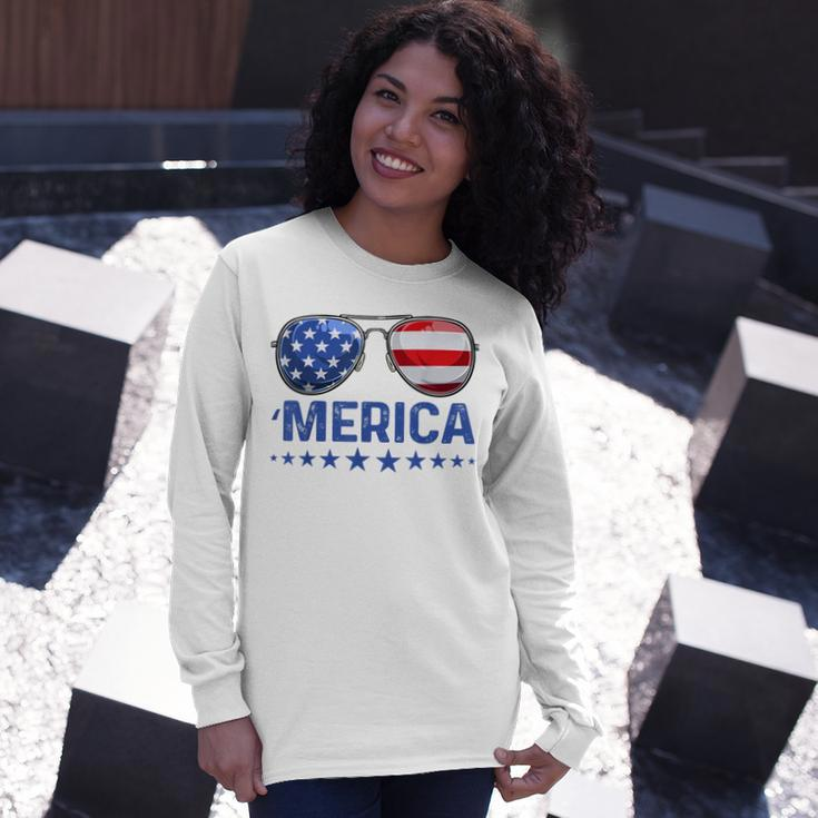 Merica Patriotic Usa Flag Sunglusses 4Th Of July Usa Long Sleeve T-Shirt Gifts for Her