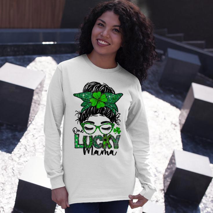 One Lucky Mama Messy Bun Shamrock St Patricks Day Unisex Long Sleeve Gifts for Her