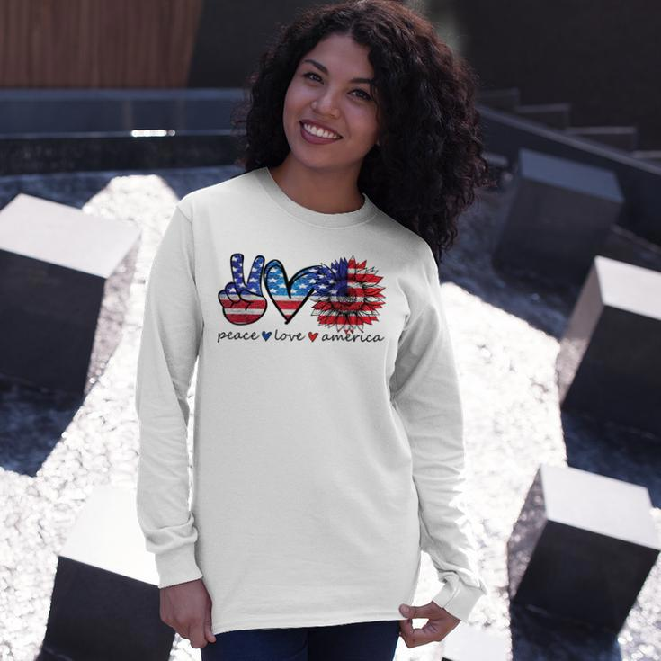 Peace Love America Flag Sunflower 4Th Of July Memorial Day Long Sleeve T-Shirt Gifts for Her