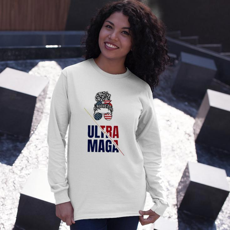 Pro Trump Ultra Mega Messy Bun Usa Flag Anti Joe Biden Long Sleeve T-Shirt T-Shirt Gifts for Her