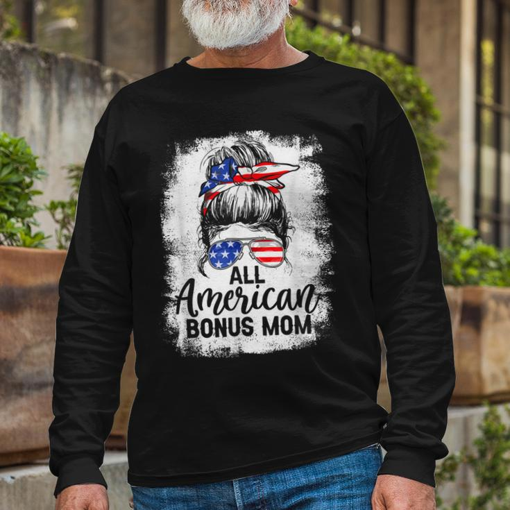 All American Bonus Mom 4Th Of July Messy Bun Proud Merica Long Sleeve T-Shirt Gifts for Old Men