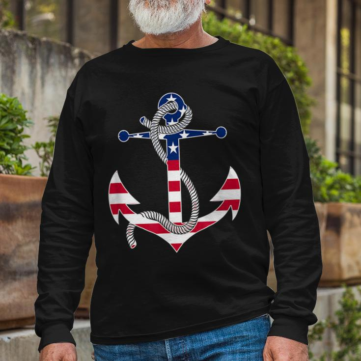 American Flag Patriotic Anchor Memorial Day 4Th Of July Long Sleeve T-Shirt Gifts for Old Men