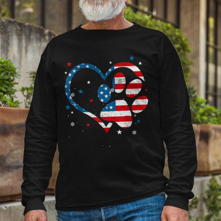 American Flag Patriotic Dog & Cat Paw Print 4Th Of July Long Sleeve T-Shirt Gifts for Old Men