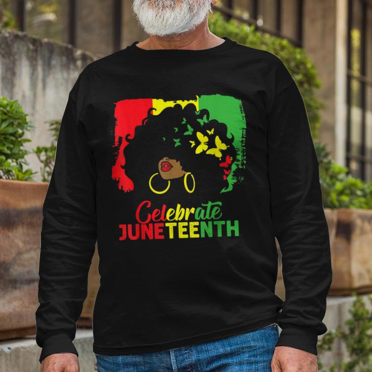 Black Messy Bun Juneteenth Celebrate Indepedence Day Long Sleeve T-Shirt Gifts for Old Men