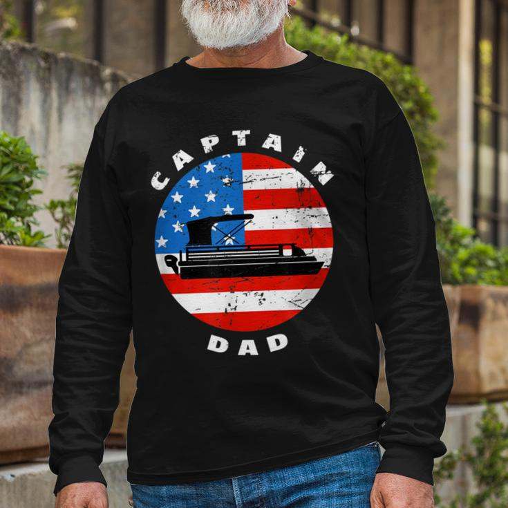 Captain Dad Pontoon Boat Retro Us Flag 4Th Of July Boating Long Sleeve T-Shirt Gifts for Old Men