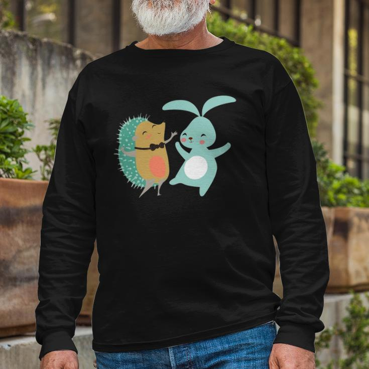 Cute Dancing Hedgehog & Rabbit Cartoon Art Long Sleeve T-Shirt T-Shirt Gifts for Old Men