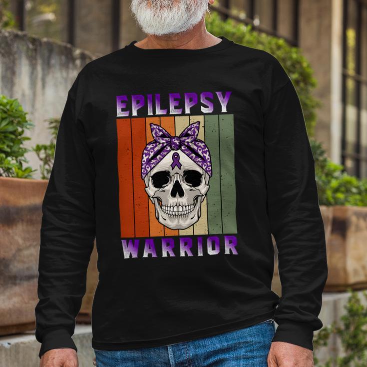 Epilepsy Warrior Skull Women Vintage Purple Ribbon Epilepsy Epilepsy Awareness Unisex Long Sleeve Gifts for Old Men