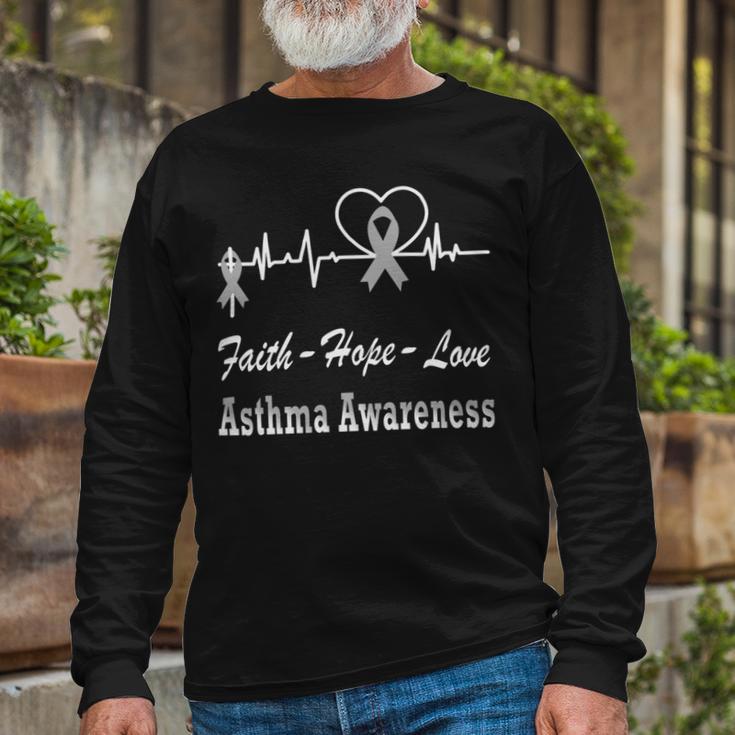 Faith Hope Love Asthma Awareness Heartbeat Christian Cross Grey Ribbon Asthma Asthma Awareness Unisex Long Sleeve Gifts for Old Men