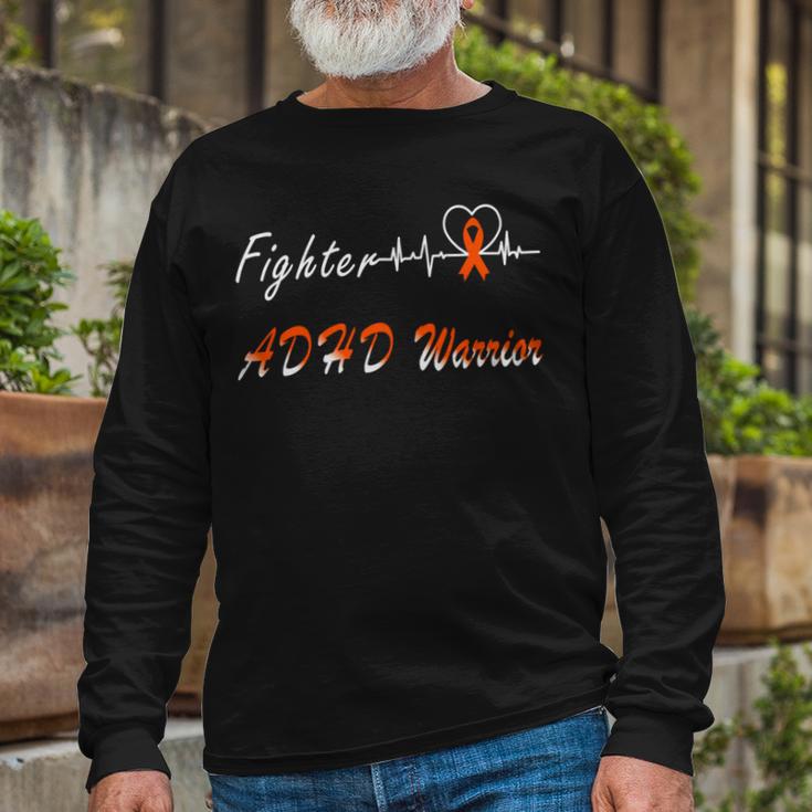 Fighter Adhd Warrior Heartbeat Orange Ribbon Attention Deficit Hyperactivity Disorder Adhd Awareness Unisex Long Sleeve Gifts for Old Men