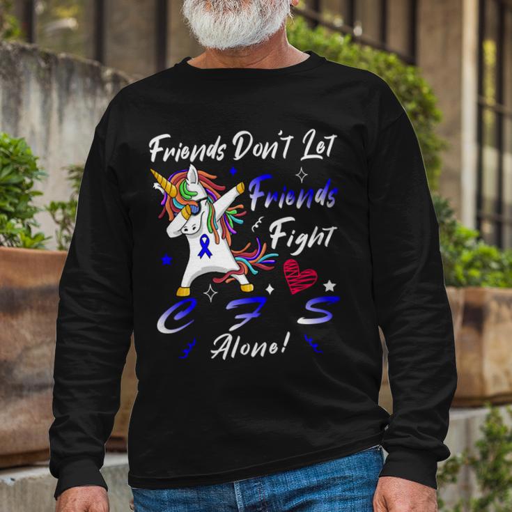 Friends Dont Let Friends Fight Chronic Fatigue Syndrome Cfs Alone Unicorn Blue Ribbon Chronic Fatigue Syndrome Support Cfs Awareness V2 Unisex Long Sleeve Gifts for Old Men