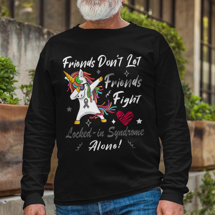 Friends Dont Let Friends Fight Lockedin Syndrome Alone Unicorn Silver Ribbon Lockedin Syndrome Lockedin Syndrome Awareness Unisex Long Sleeve Gifts for Old Men