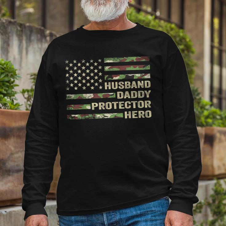 Husband Daddy Protector Hero Fathers Day Flag Long Sleeve T-Shirt T-Shirt Gifts for Old Men