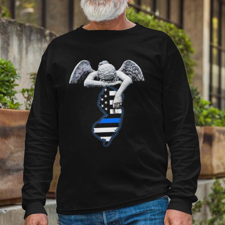 New Jersey Thin Blue Line Flag And Angel For Law Enforcement Long Sleeve T-Shirt T-Shirt Gifts for Old Men