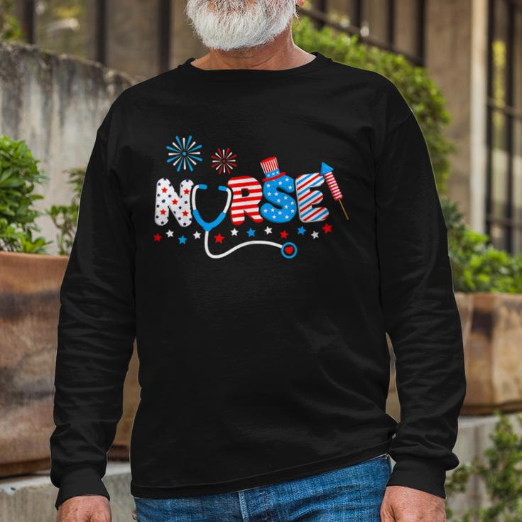 Nurse 4Th Of July American Flag Patriotic Usa Stethoscope Long Sleeve T-Shirt Gifts for Old Men