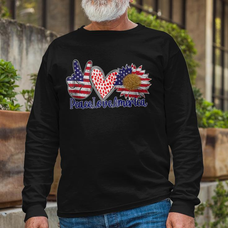 Peace Love America 4Th July Patriotic Sunflower Heart Sign V5 Long Sleeve T-Shirt Gifts for Old Men