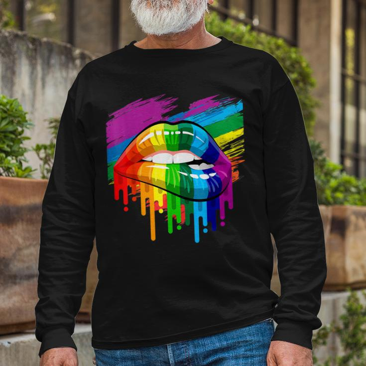 Rainbow Lips Lgbt Pride Month Rainbow Flag Long Sleeve T-Shirt Gifts for Old Men