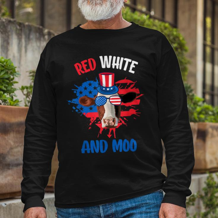 Red White And Moo Patriotic Cow Farmer 4Th Of July Long Sleeve T-Shirt Gifts for Old Men