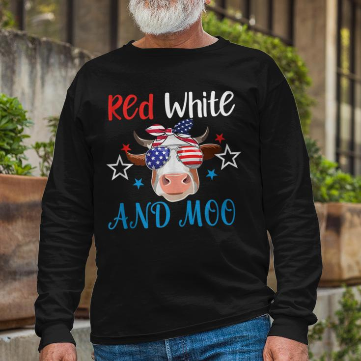 Red White And Moo Patriotic Cow Usa Flag 4Th Of July Farmer Long Sleeve T-Shirt Gifts for Old Men