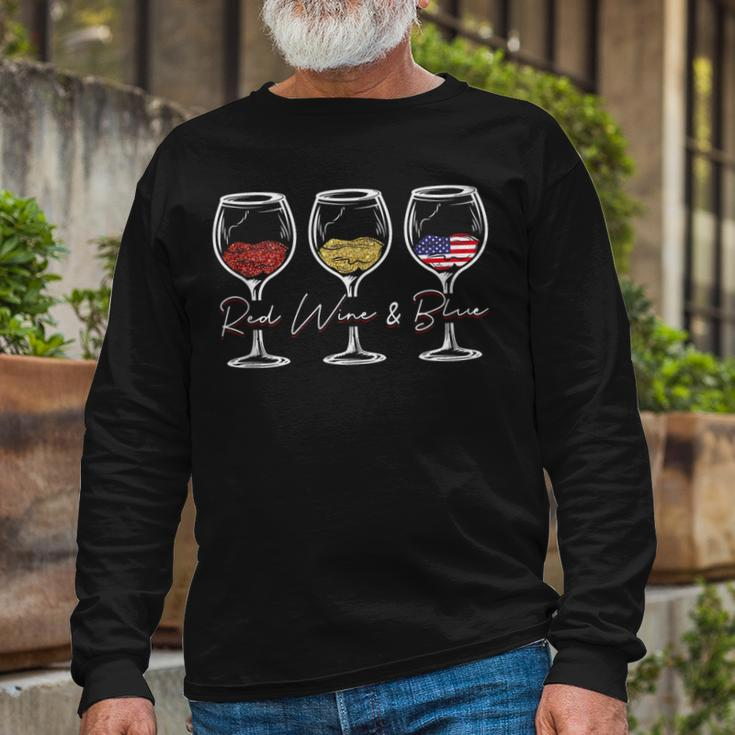 Red Wine & Blue 4Th Of July Wine Red White Blue Merica Usa Long Sleeve T-Shirt T-Shirt Gifts for Old Men