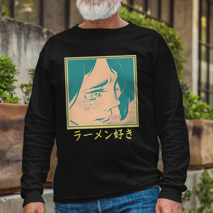 Retro 90S Japanese Aesthetic Waifu Anime Graphic Long Sleeve T-Shirt Gifts for Old Men