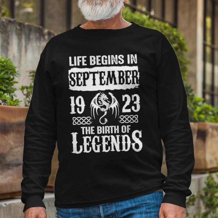 September 1923 Birthday Life Begins In September 1923 Long Sleeve T-Shirt Gifts for Old Men