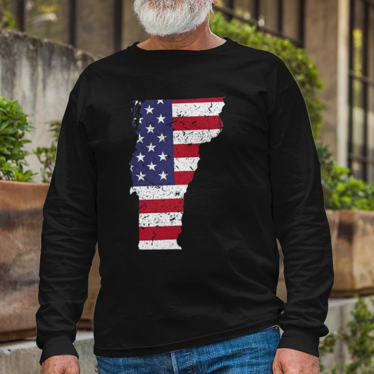 Vermont Map State American Flag 4Th Of July Pride Tee Long Sleeve T-Shirt T-Shirt Gifts for Old Men
