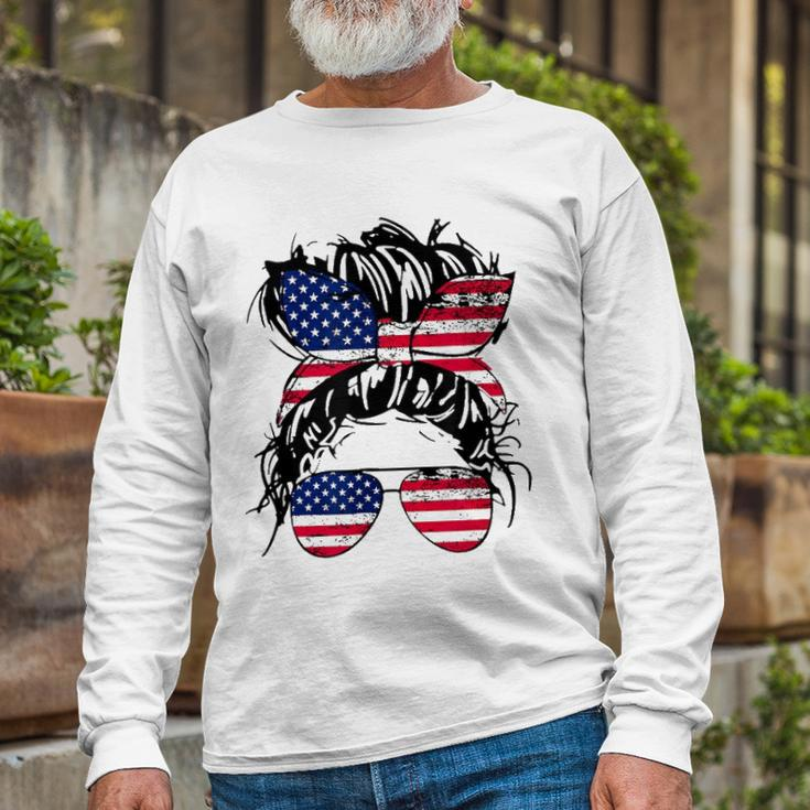 4Th Of July American Flag Patriotic Daughter Messy Bun Usa Long Sleeve T-Shirt T-Shirt Gifts for Old Men