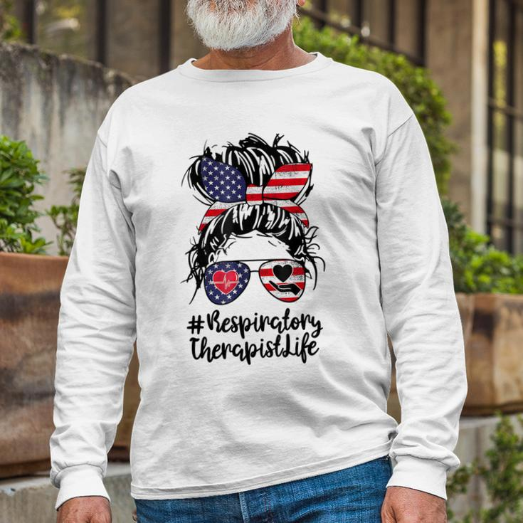 4Th Of July Respiratory Therapist Messy Bun Hair Nurse Long Sleeve T-Shirt Gifts for Old Men