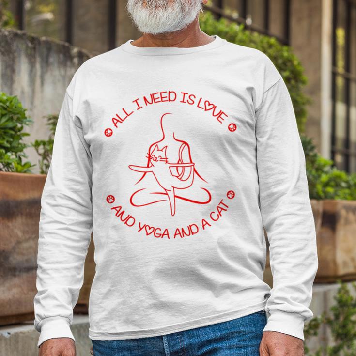 All I Need Is Love And Yoga And A Cat Lovers Gift For Yoga Lovers Red Unisex Long Sleeve Gifts for Old Men