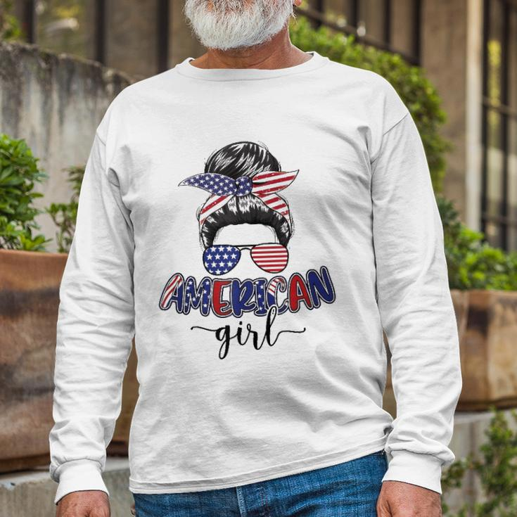 American Girl Messy Bun 4Th Of July Mom Usa Long Sleeve T-Shirt T-Shirt Gifts for Old Men