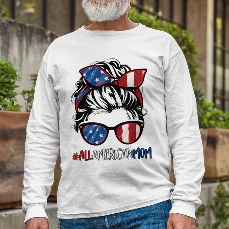 All American Mom 4Th Of July Women Messy Bun Usa Flag Long Sleeve T-Shirt Gifts for Old Men