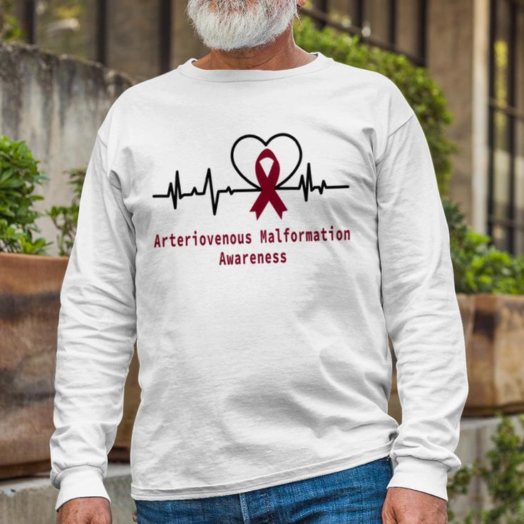 Arteriovenous Malformation Awareness Heartbeat Burgundy Ribbon Arteriovenous Malformation Support Arteriovenous Malformation Awareness Unisex Long Sleeve Gifts for Old Men