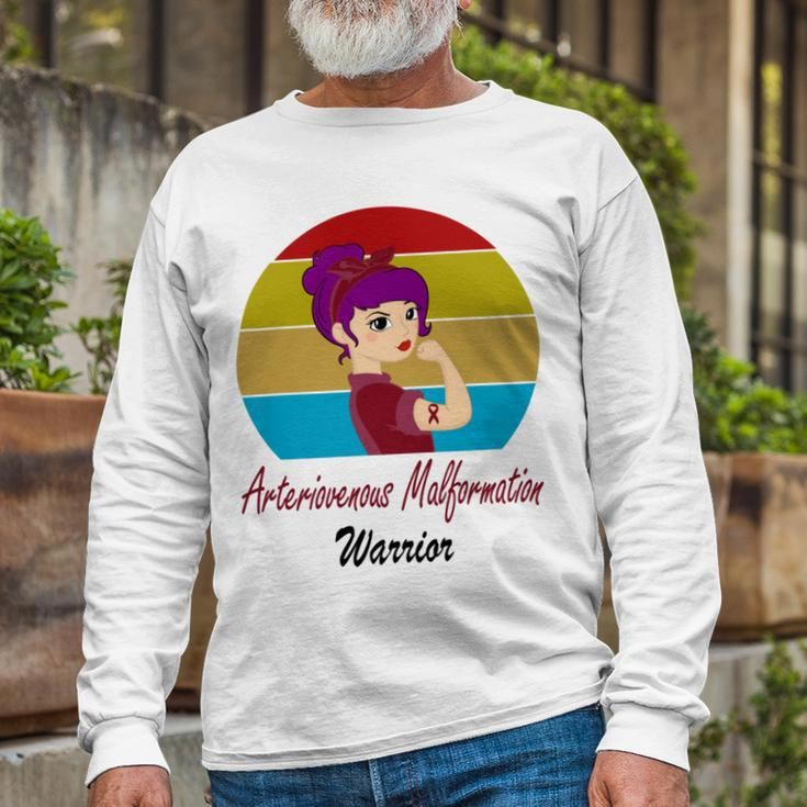Arteriovenous Malformation Strong Women Vintage Burgundy Ribbon Arteriovenous Malformation Support Arteriovenous Malformation Awareness Long Sleeve T-Shirt Gifts for Old Men