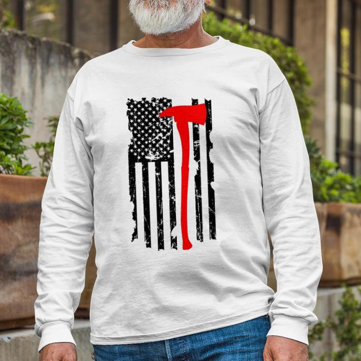 Distressed Patriot Axe Thin Red Line American Flag Long Sleeve T-Shirt T-Shirt Gifts for Old Men