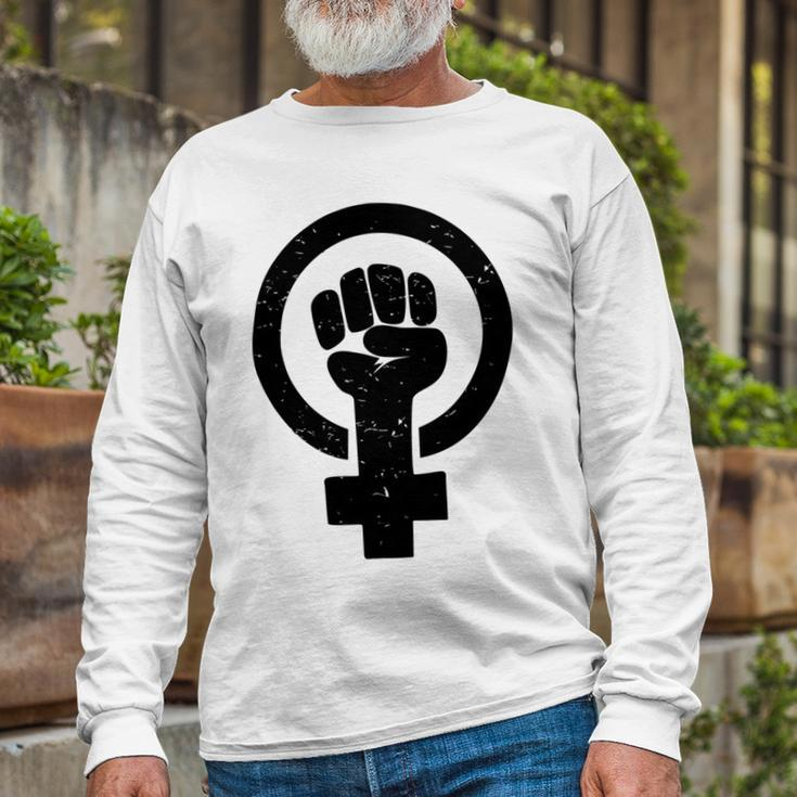 Feminist Raised Fist - Distressed Fitted Unisex Long Sleeve Gifts for Old Men